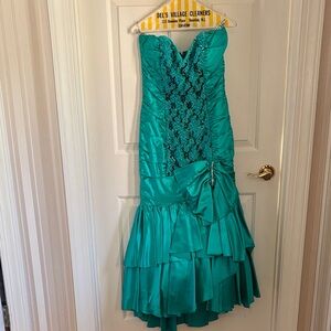 Teal Strapless Satin Ruffled Prom Dress